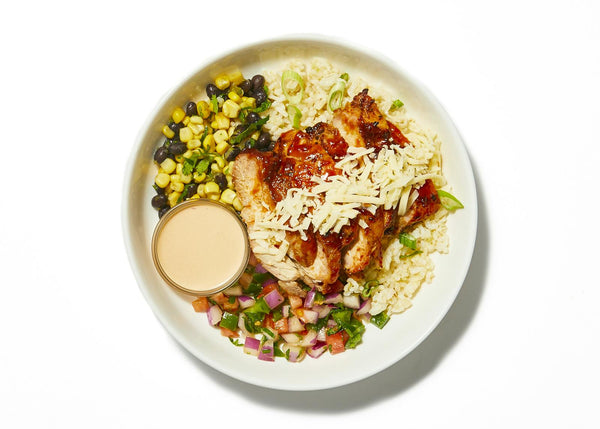 BBQ Chicken Burrito Bowl with Corn - Black Bean Salsa & Pepper Jack Cheese - Whole Body Fuel